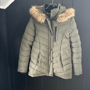 Swiss Tech Olive Green Puffer Jacket with Faux Fur Hood